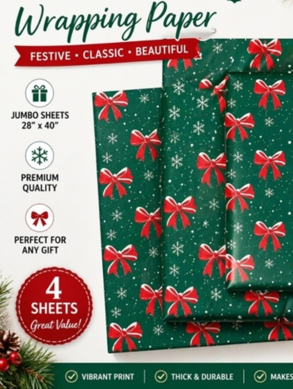 Christmas‎ Wrapping Paper 4 Jumbo Sheets 28x40 Green Red Bow Snowflake Holiday